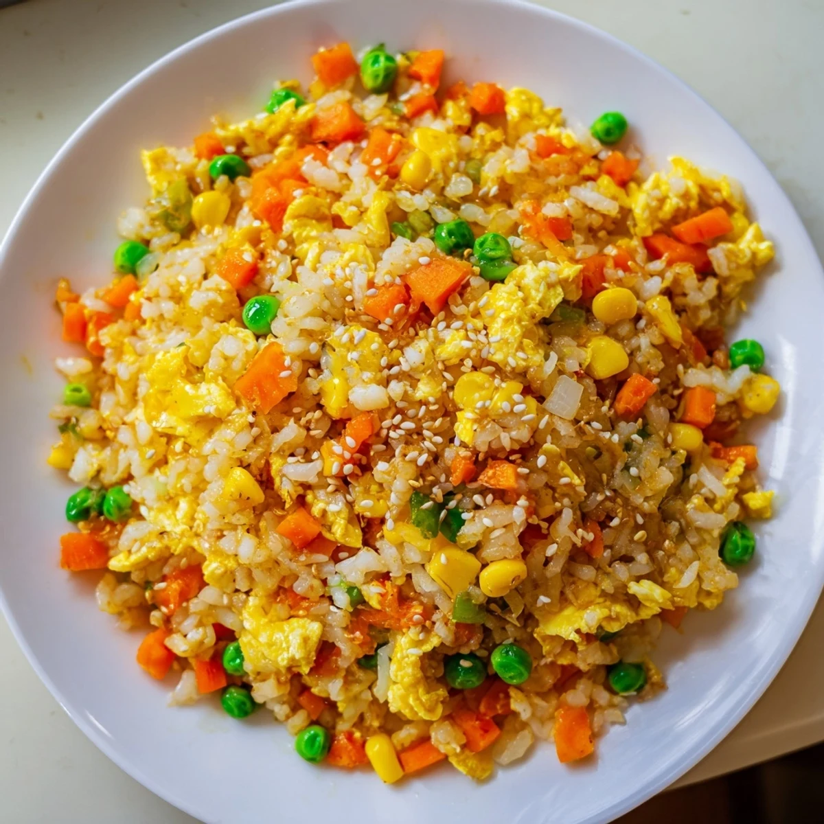 Savory frozen veggie fried rice, served hot, with sesame seeds and green onions on top.