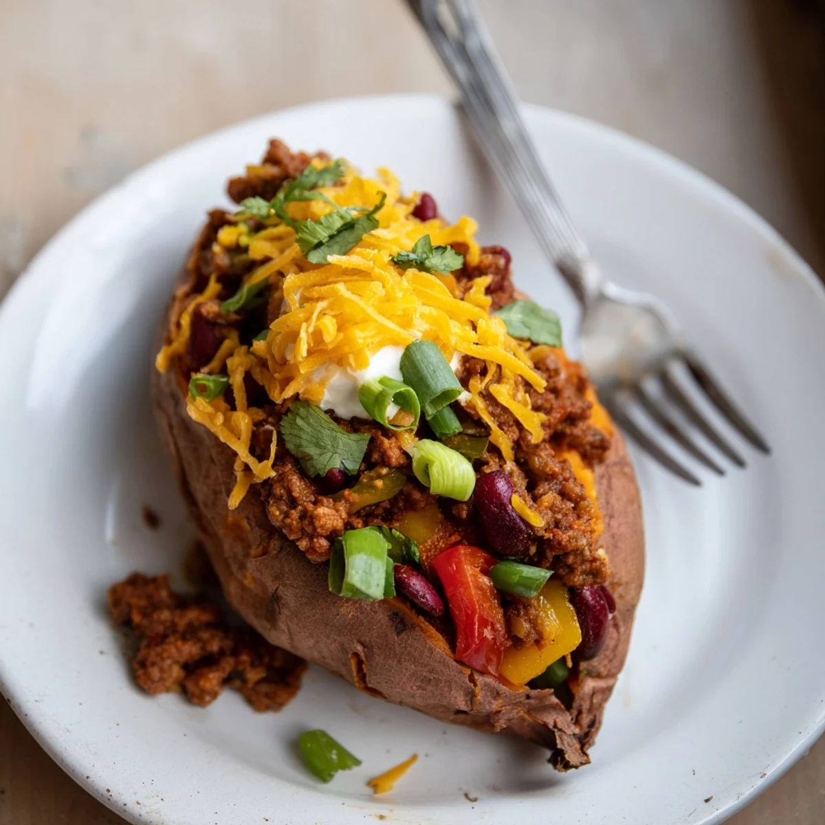 Steaming hot baked sweet potato stuffed with flavorful, rich chili, ready to eat and enjoy.
