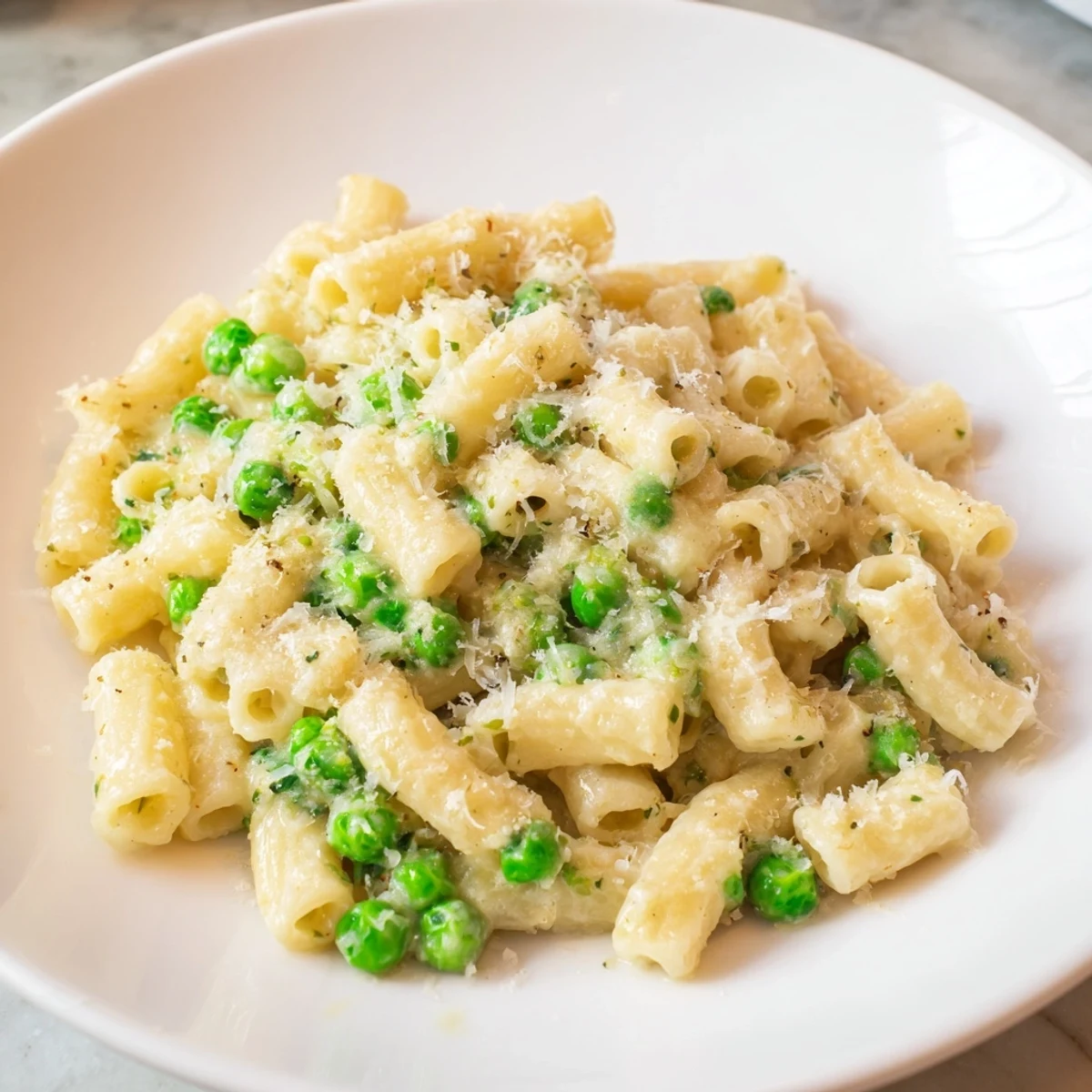 Steaming bowl of Macaroni & Peas, a creamy, comforting dish ready to be enjoyed.