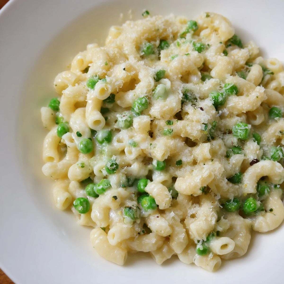 Freshly made Macaroni & Peas, a simple weeknight meal with pasta and tender peas.