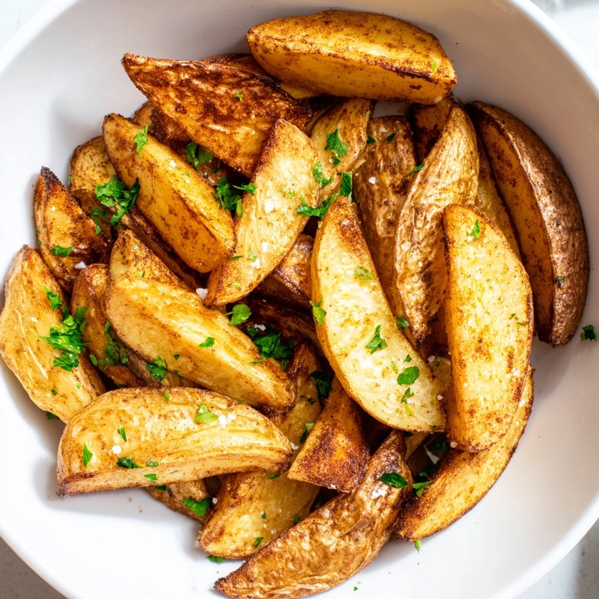 Golden and crispy 15-Minute Microwave Crispy Potatoes, the easy side dish, ready to eat with fresh parsley.