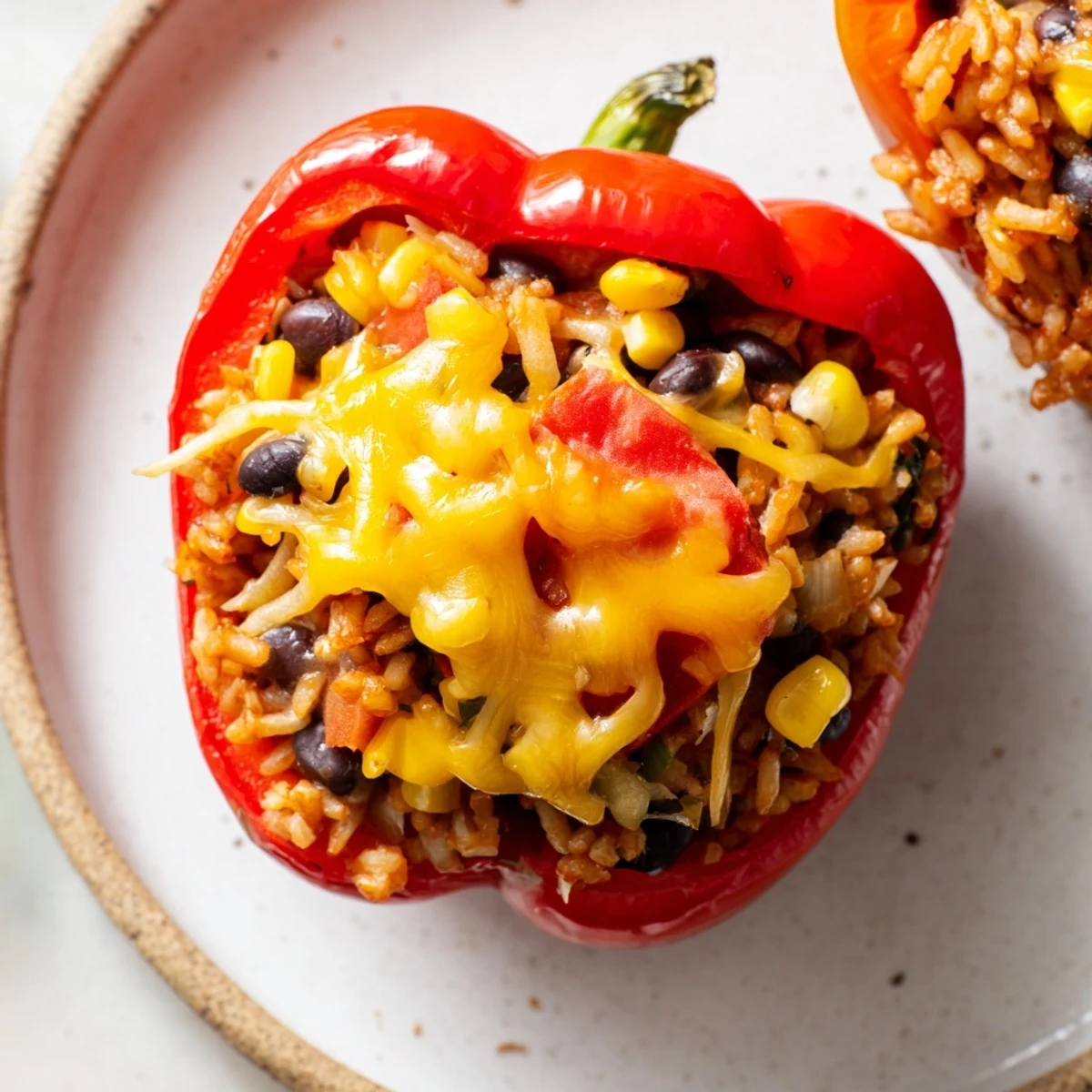 Golden baked stuffed bell peppers, bursting with a savory rice and bean filling, ideal for dinner.