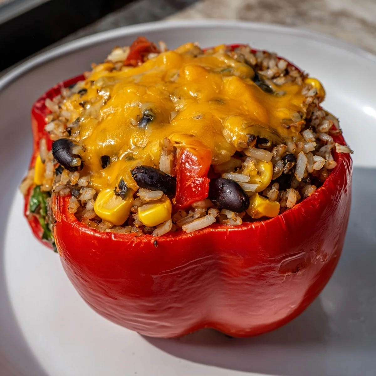 Close-up of vibrant stuffed bell peppers, oozing melted cheese from a hearty vegetarian filling.