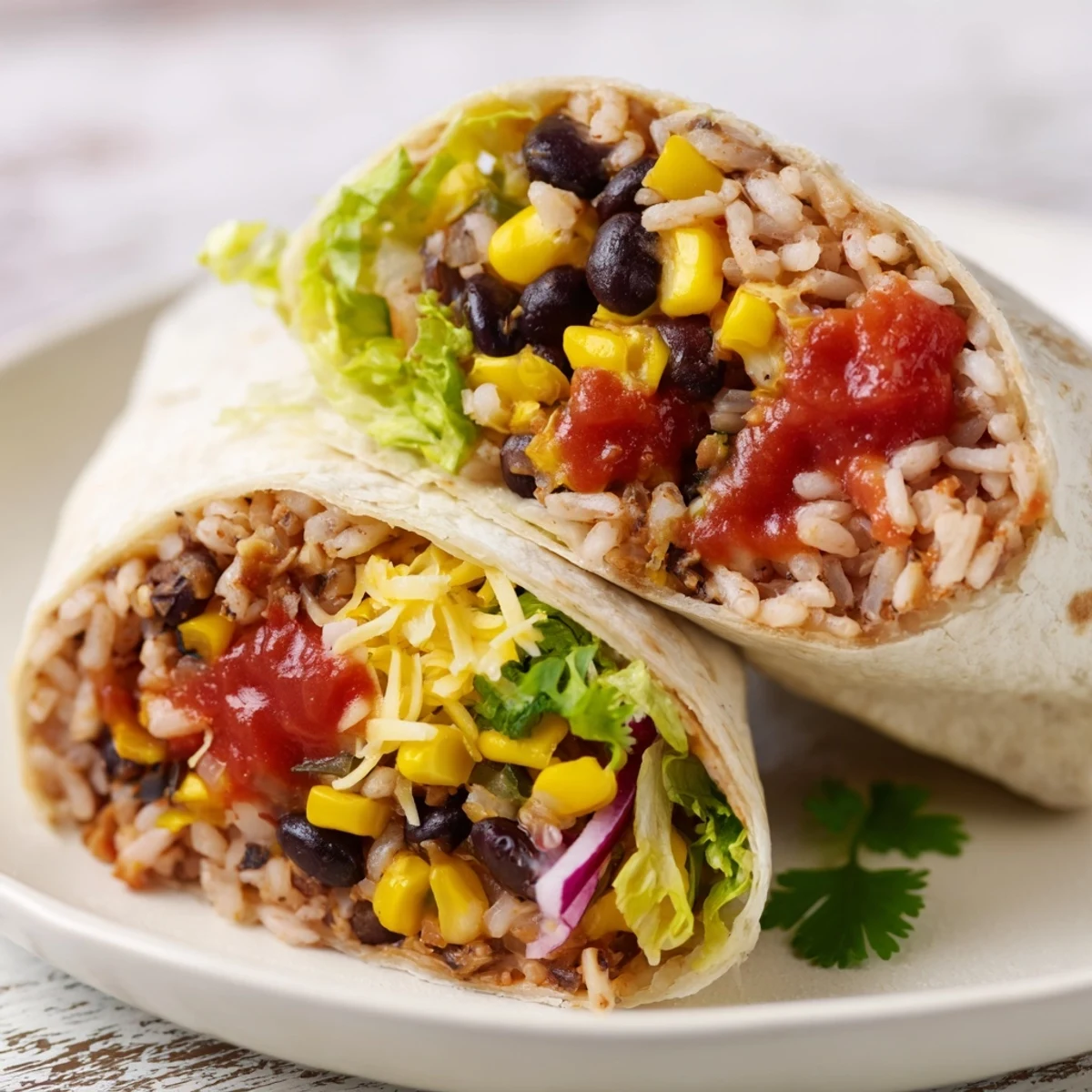Steaming-hot Rice & Bean Burritos, packed with beans, fresh salsa, and cheese, ready to eat.