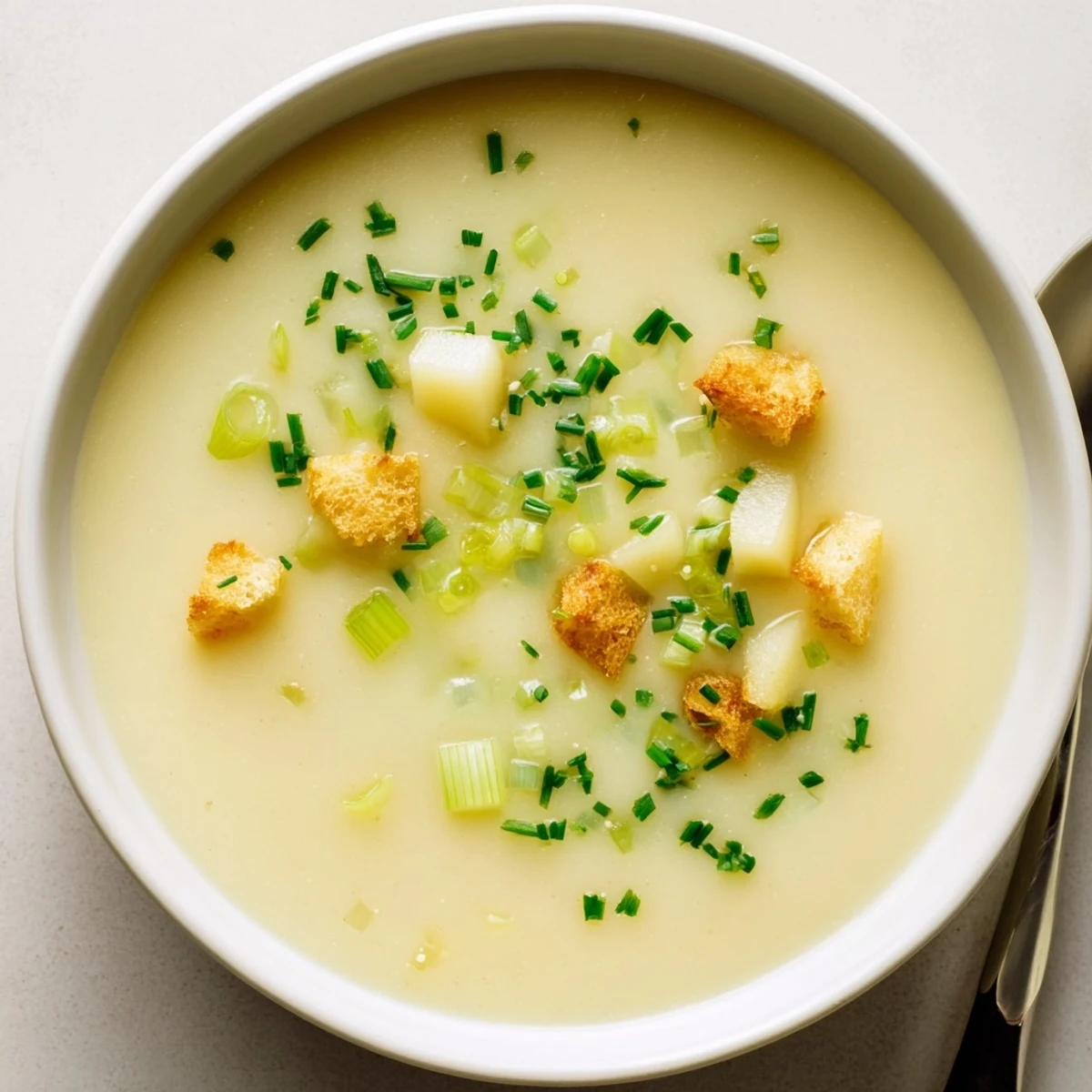 Creamy Potato Leek Soup garnished with fresh chives, a comforting and flavorful soup perfect for cooler evenings.