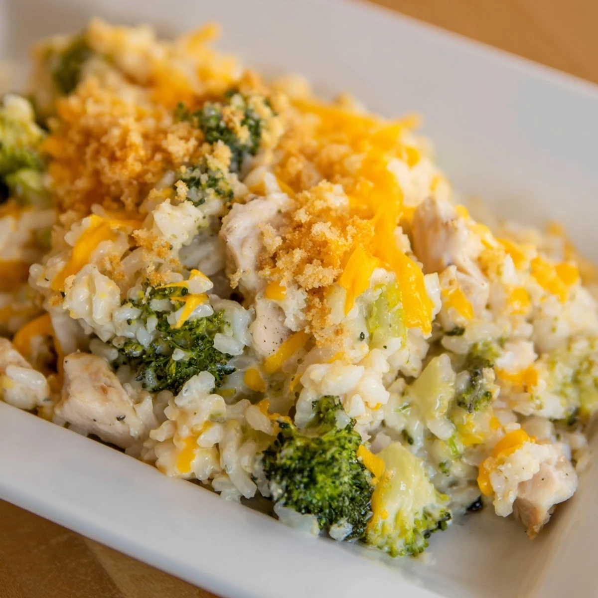 Golden bubbly Chicken & Broccoli Rice Casserole, a comforting weeknight meal with cheesy goodness.