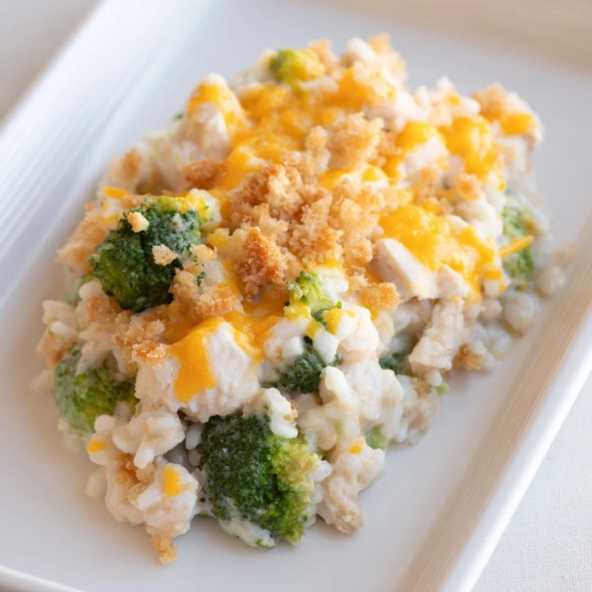 Warm, creamy Chicken & Broccoli Rice Casserole, ready to be served with a sprinkle of cheddar cheese.