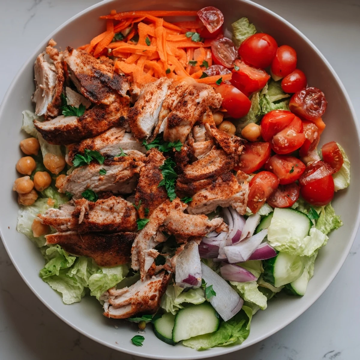 Chicken salad tossed with crisp veggies, ready to serve with a bright lemon dressing.