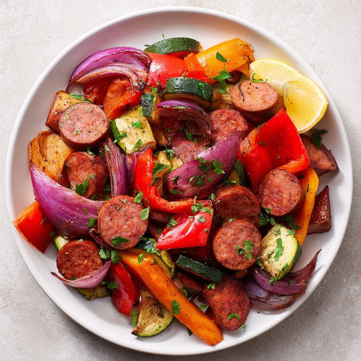Golden sheet-pan roasted veggies & sausage, a flavorful and easy one-pan dinner idea.