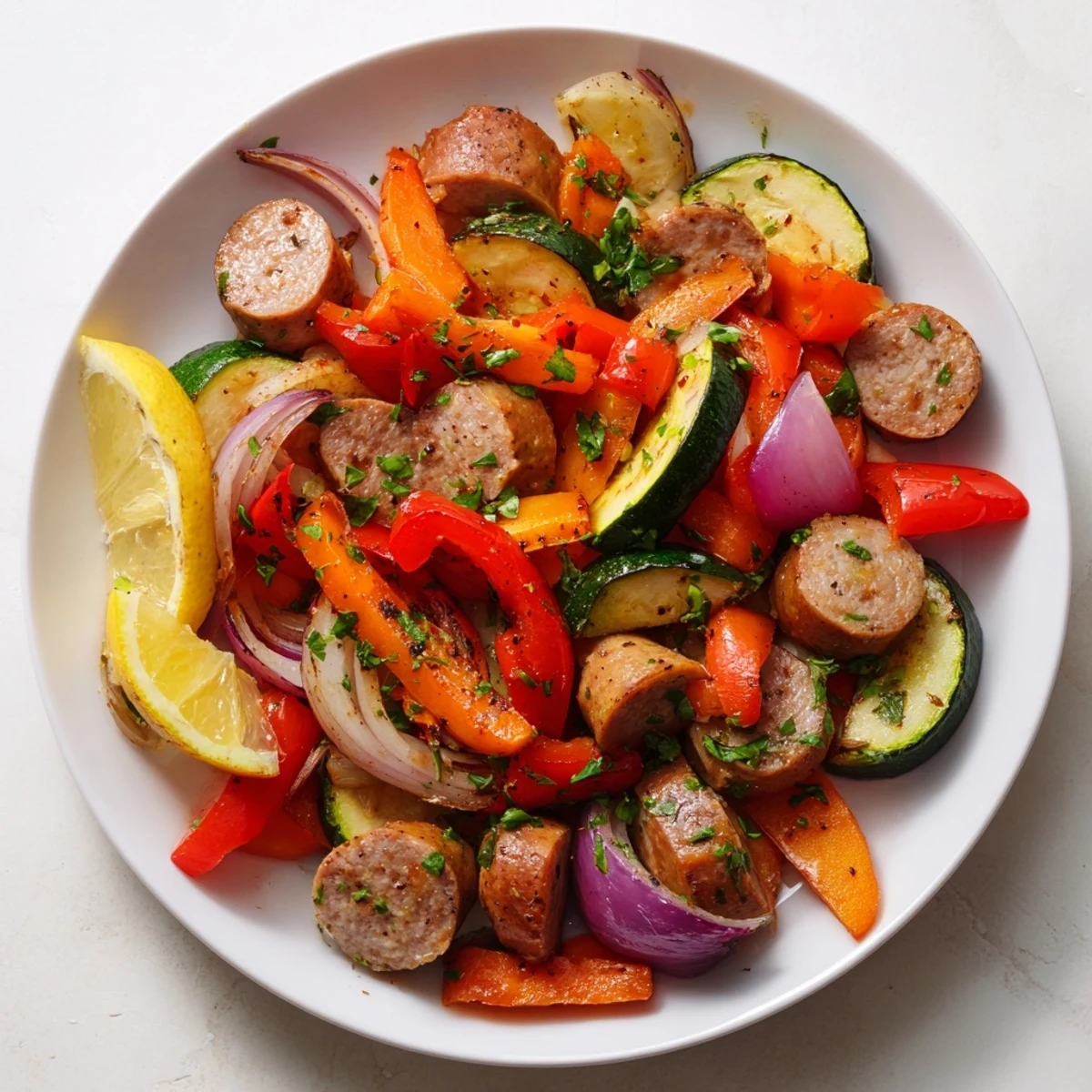 Crispy roasted red bell peppers and sausage with sheet-pan roasted veggies.