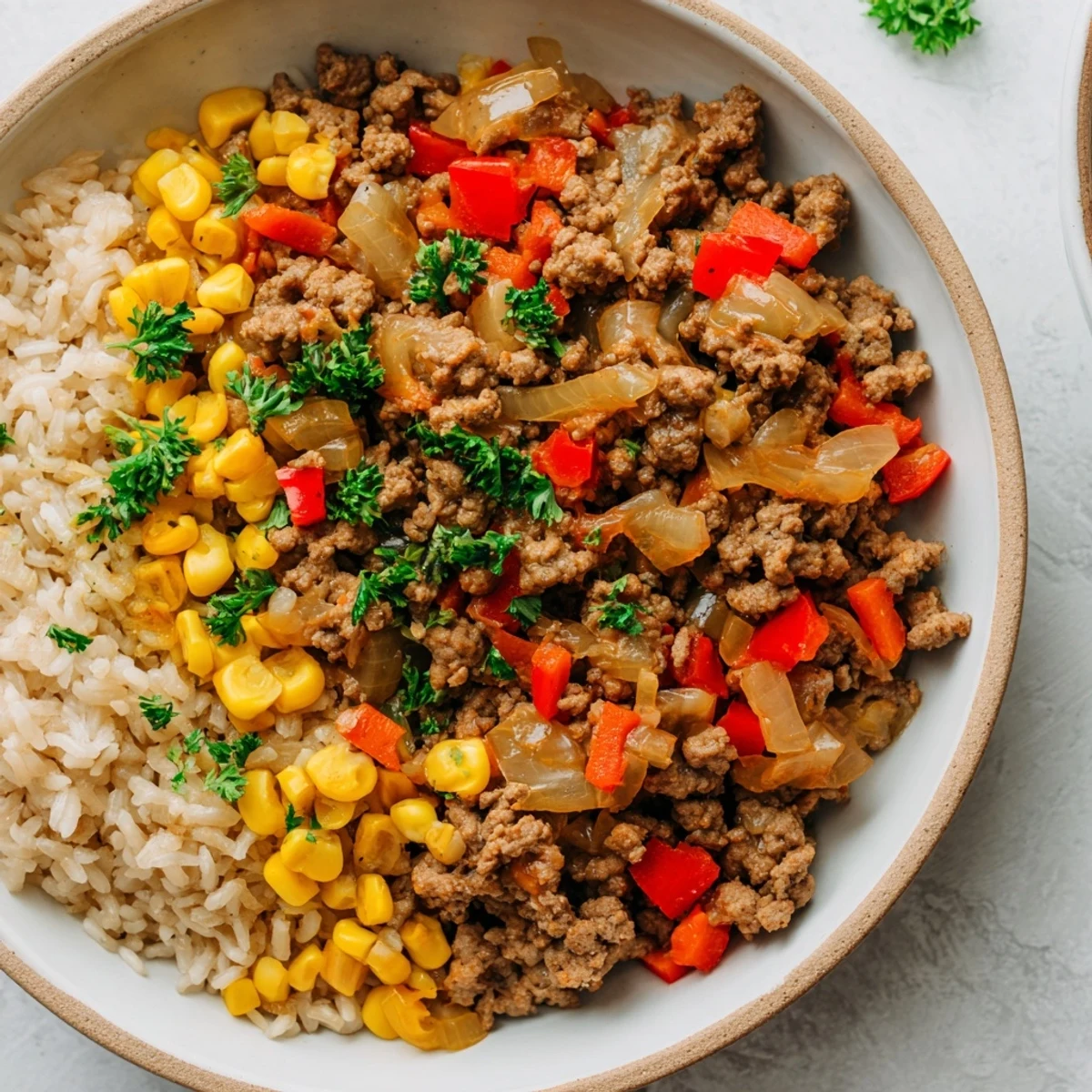 Ground Beef Skillet with Veggies & Rice: A steaming, colorful one-pan meal, ready to enjoy.