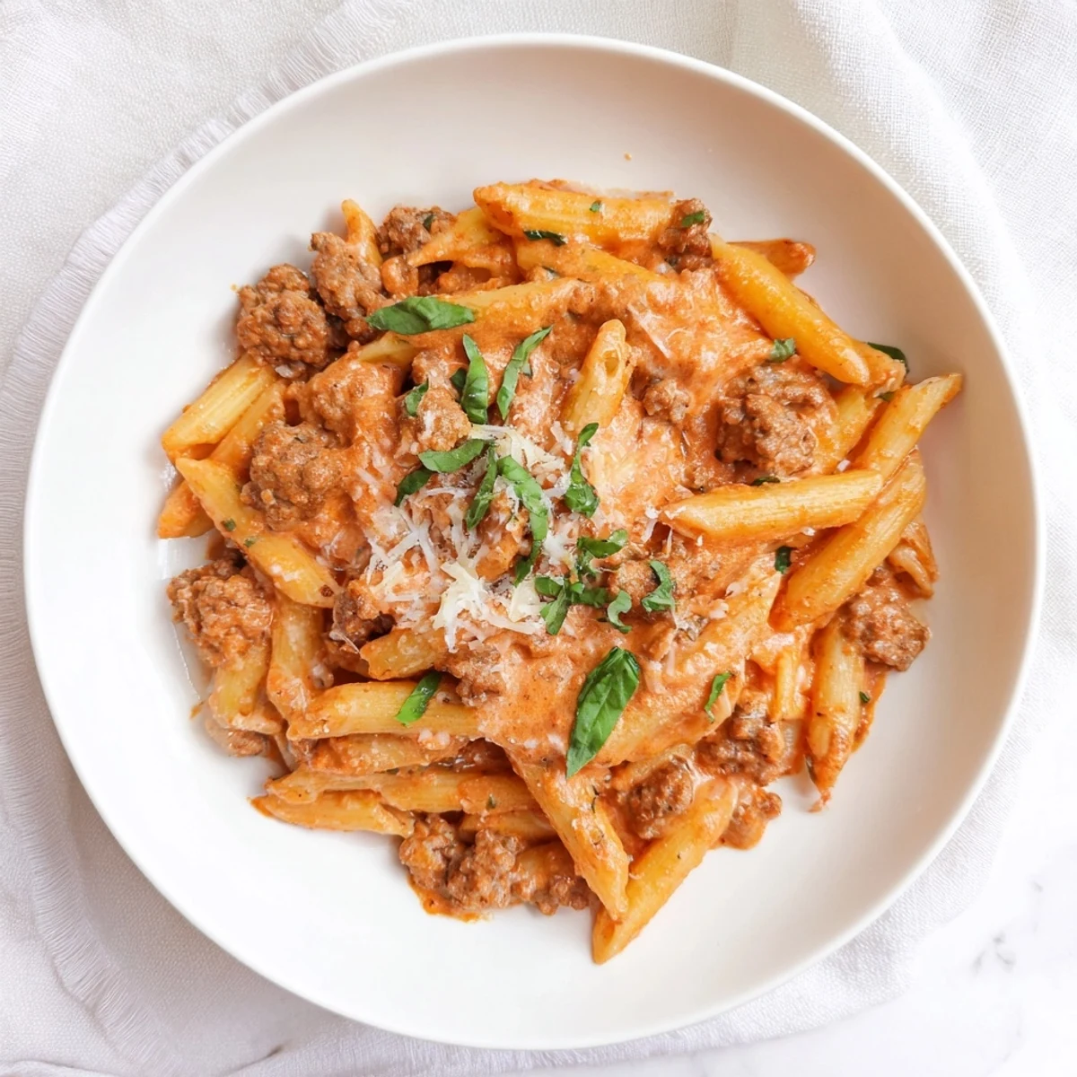 Creamy tomato and sausage pasta, served hot, with flavorful sauce and Parmesan cheese, perfect for dinner.