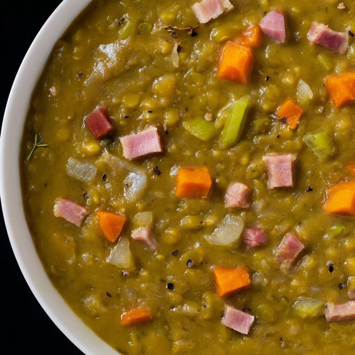 Close-up of a steaming bowl of Hearty Split Pea and Ham Soup, garnished and ready to eat.