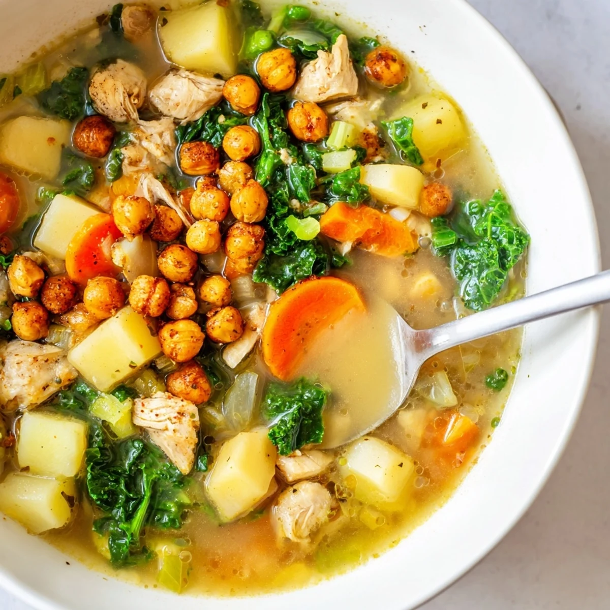 Steaming bowl of Chicken Kale Soup with Crispy Chickpeas, topped with golden, crunchy chickpeas.
