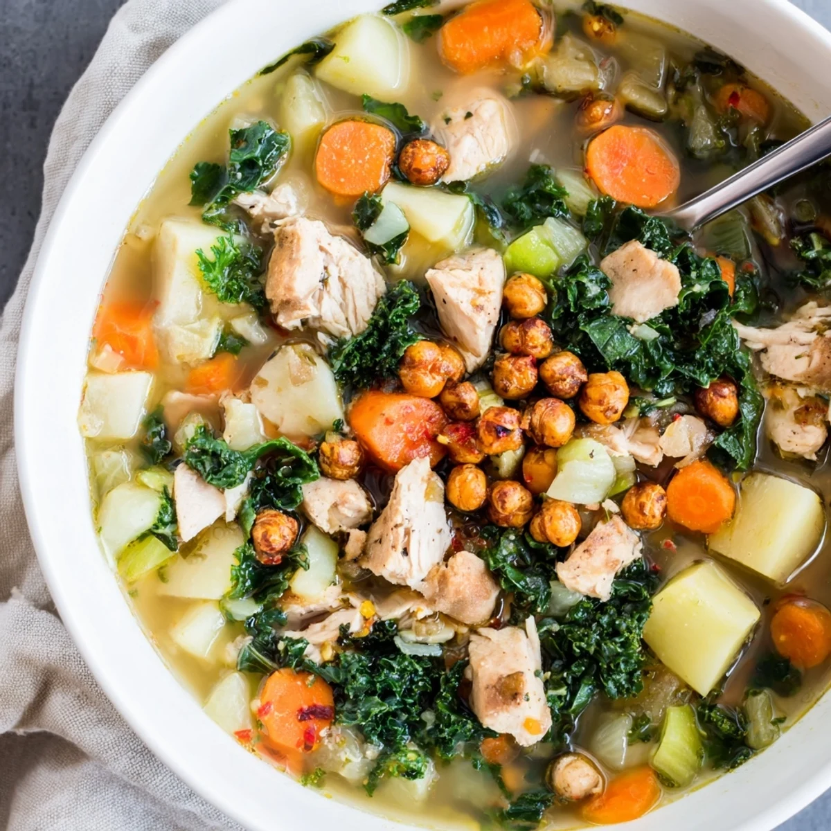 Chicken Kale Soup Crispy Chickpeas