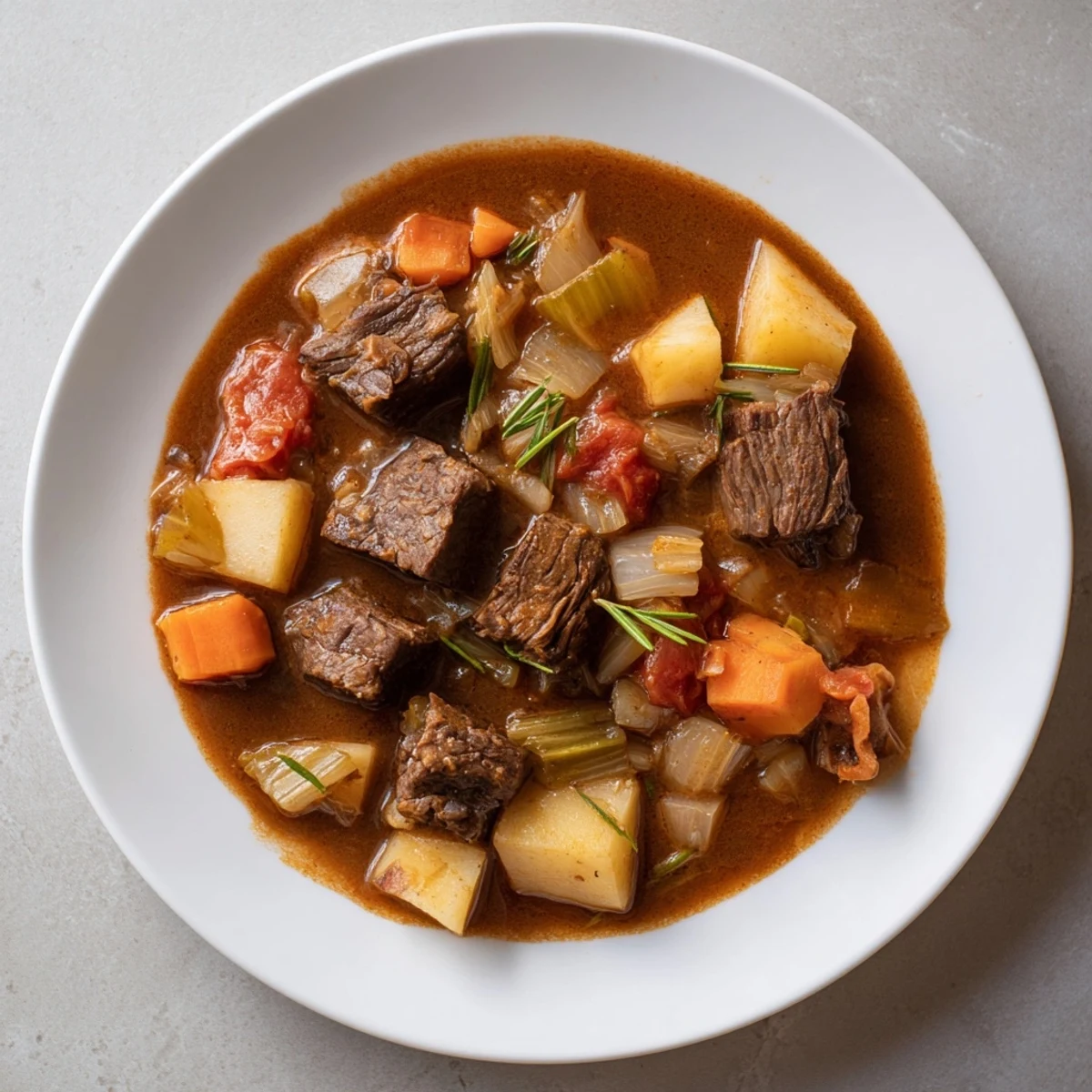 Tender Instant Pot Beef Stew with hearty vegetables, ready for serving with a garnish of fresh, bright parsley.