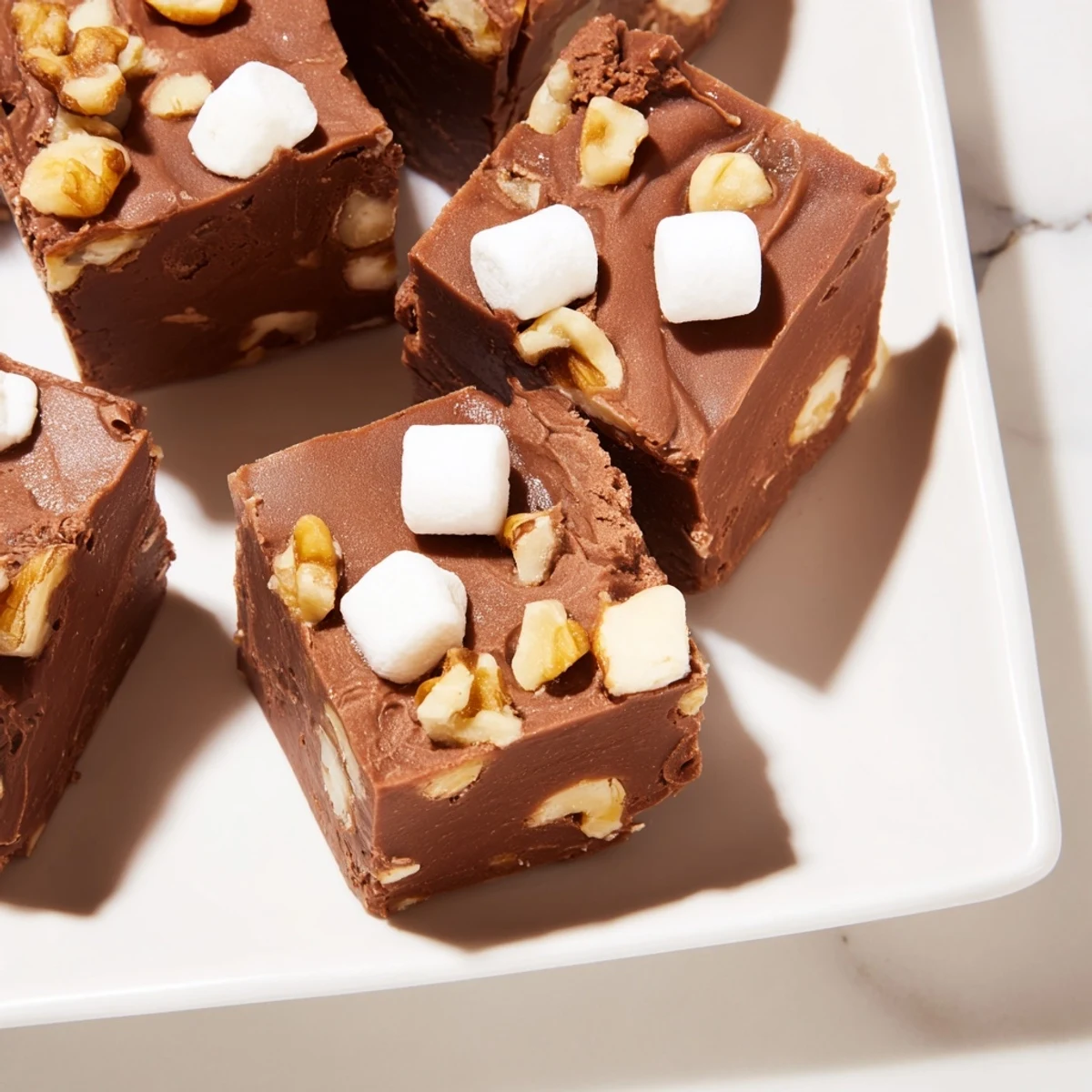 Creamy squares of Easy Marshmallow Fudge, perfect for Christmas, studded with fluffy marshmallows.