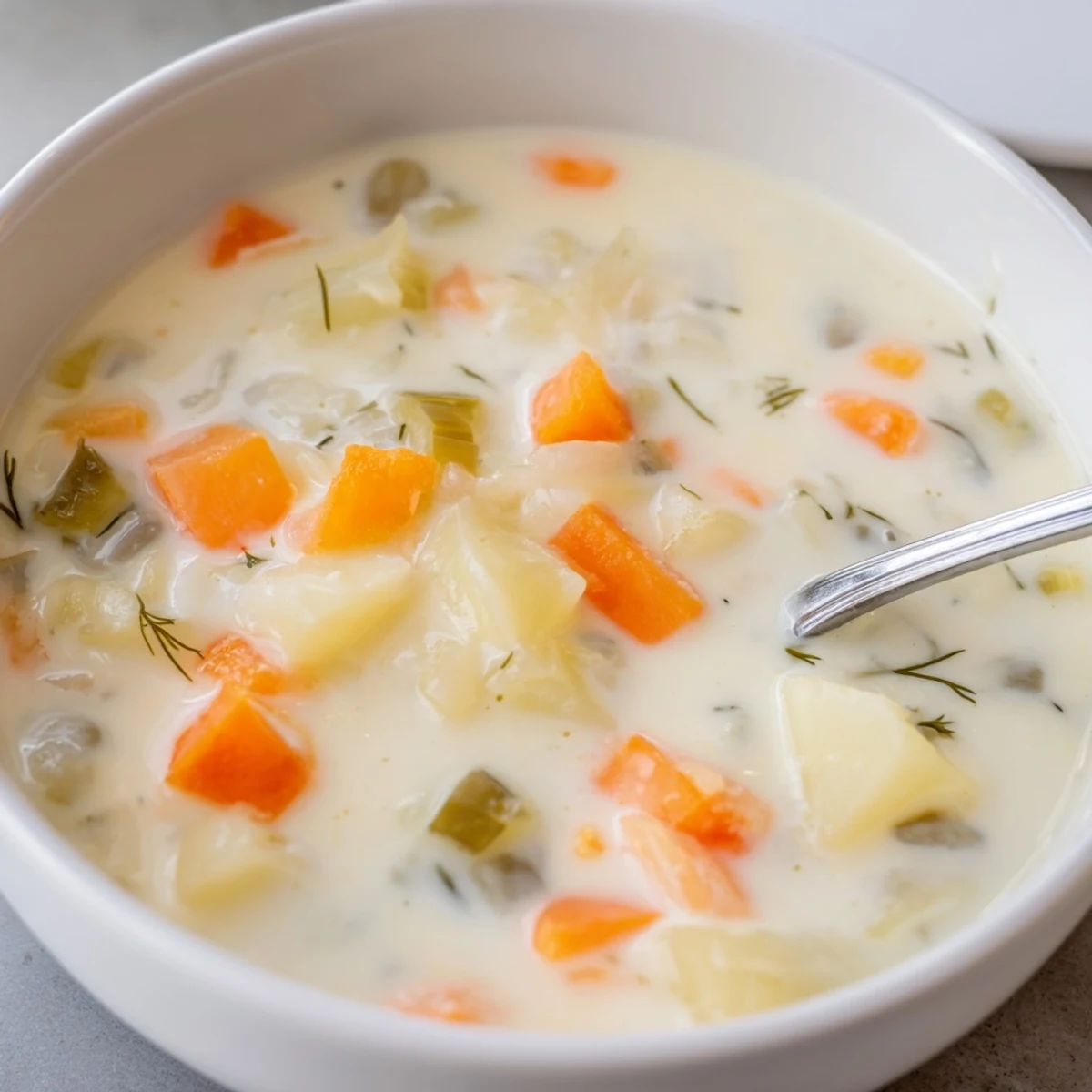 Steaming bowl of creamy dill pickle soup, perfect comfort food with tangy pickle flavor throughout.
