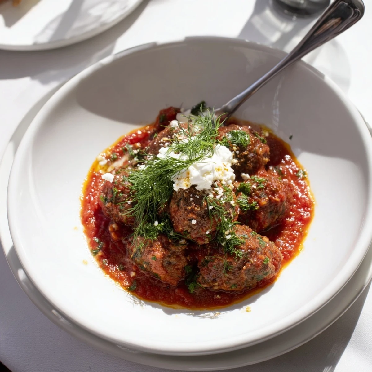 A close-up shot of tender Instant Pot Greek-Style Meatballs, smothered in creamy lemon-feta, ready to eat.