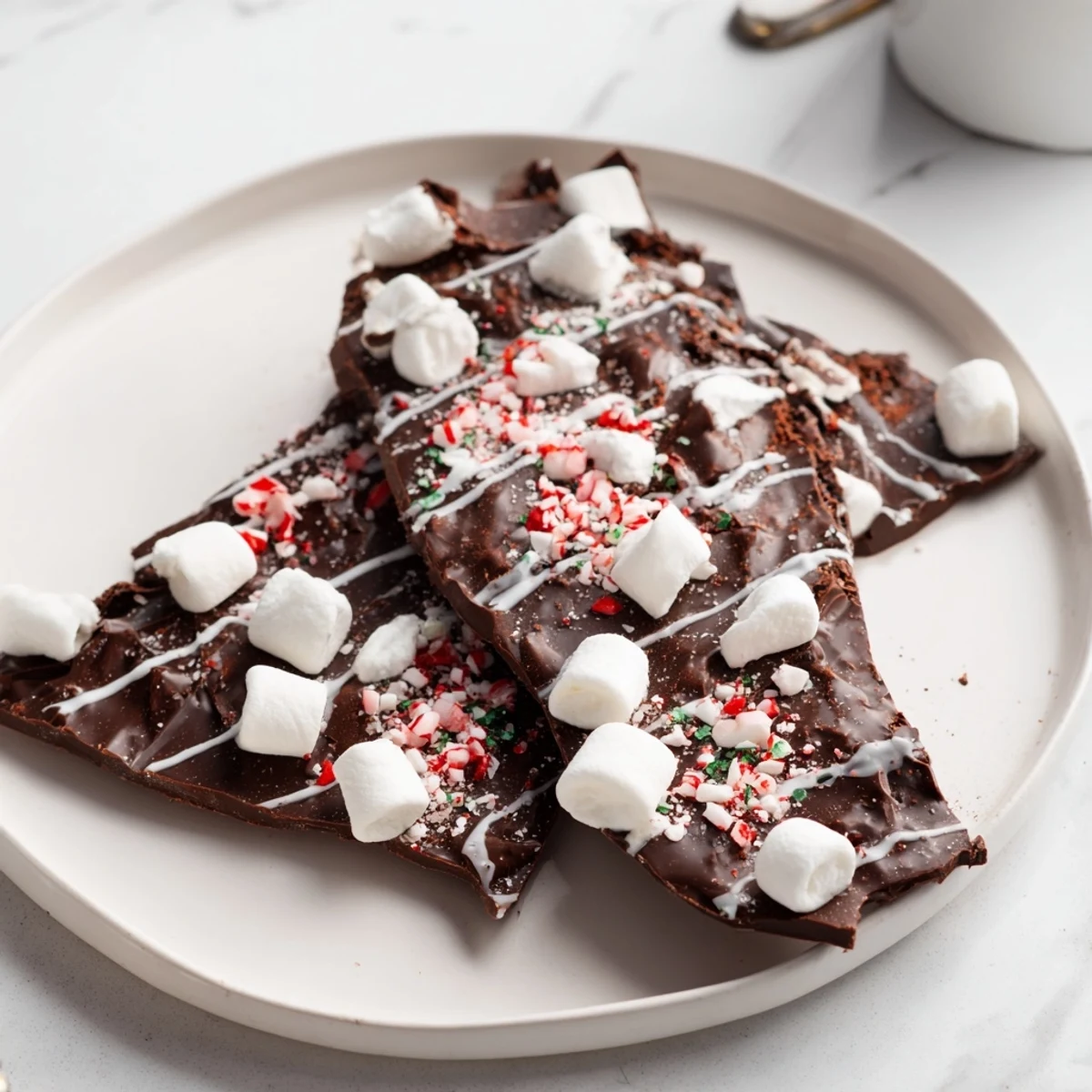 Chunks of decadent Viral Hot Chocolate Bomb Bark with marshmallows and drizzled white chocolate.
