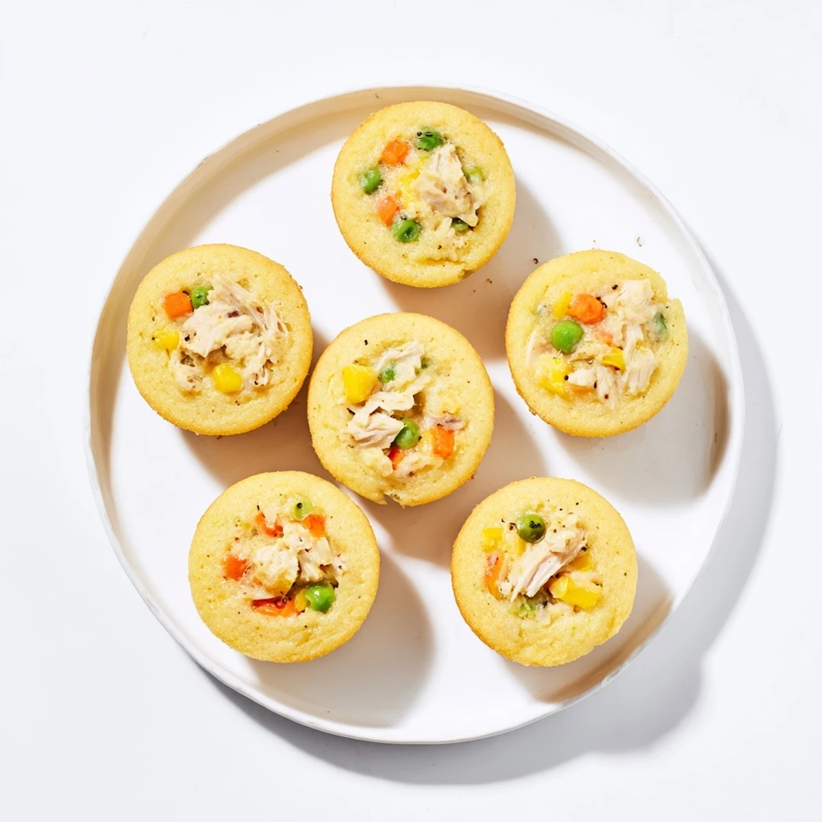 Golden-topped Chicken Pot Pie Cornbread Muffins: savory filling encased in sweet, baked cornbread, ideal for snacking.