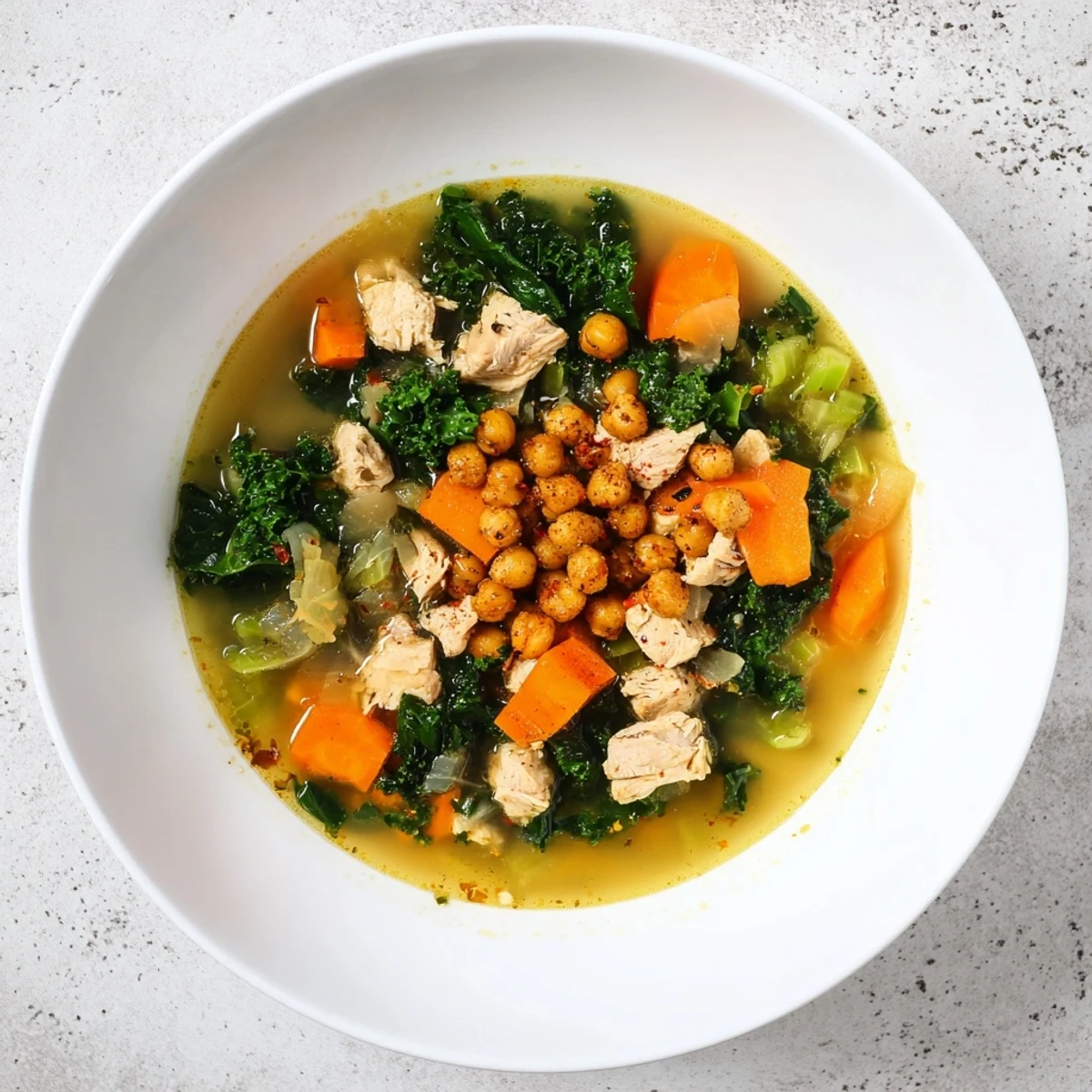 Chicken Kale Soup with crispy chickpeas, a warm bowl filled with nourishing broth and greens.