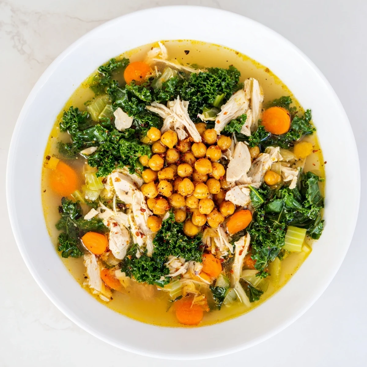 Lemony Chicken Kale Soup simmering in a pot, ready to be served with crispy chickpea topping.