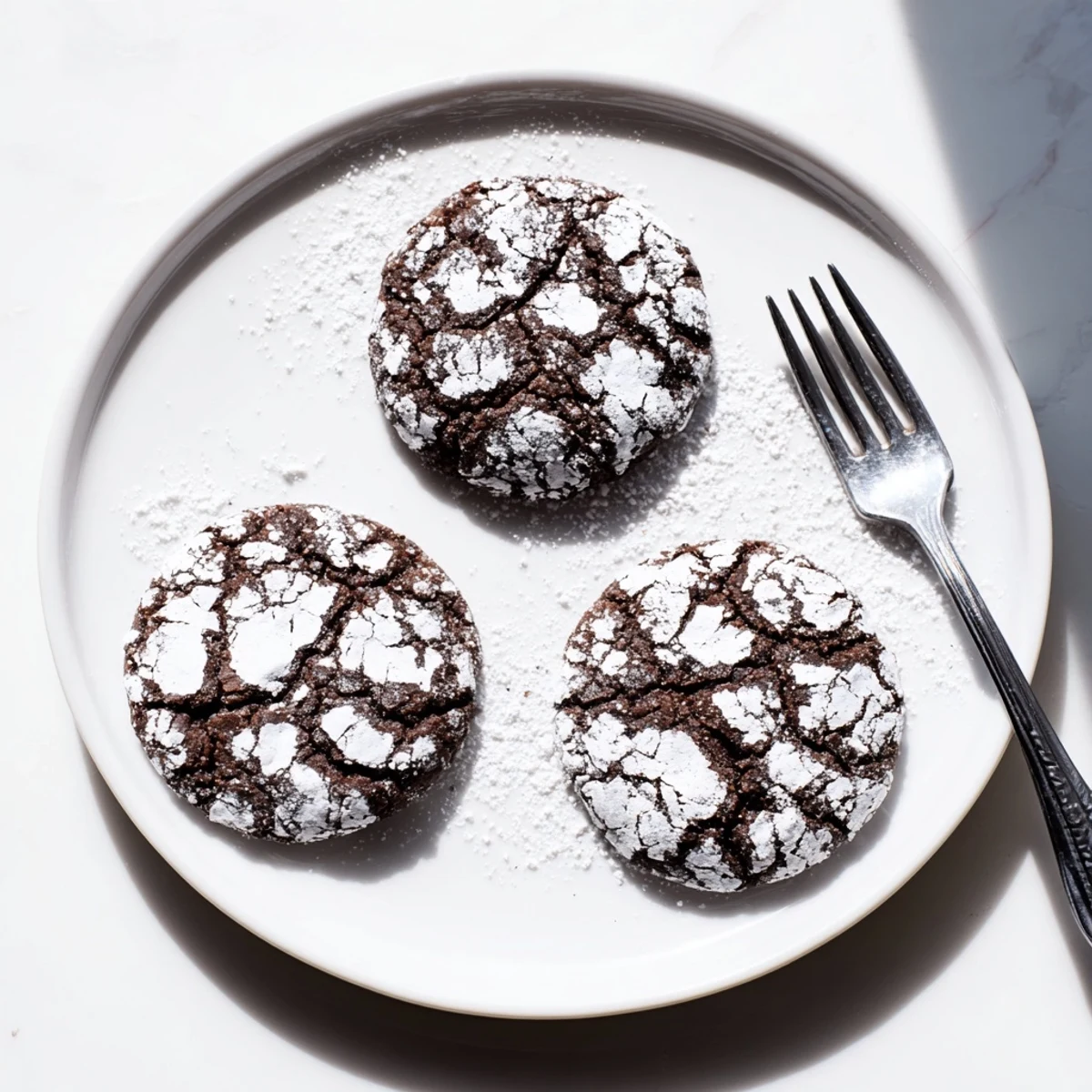 Fudgy Chocolate Crinkle Cookies with a crackled powdered sugar coating, perfect for a dessert treat.