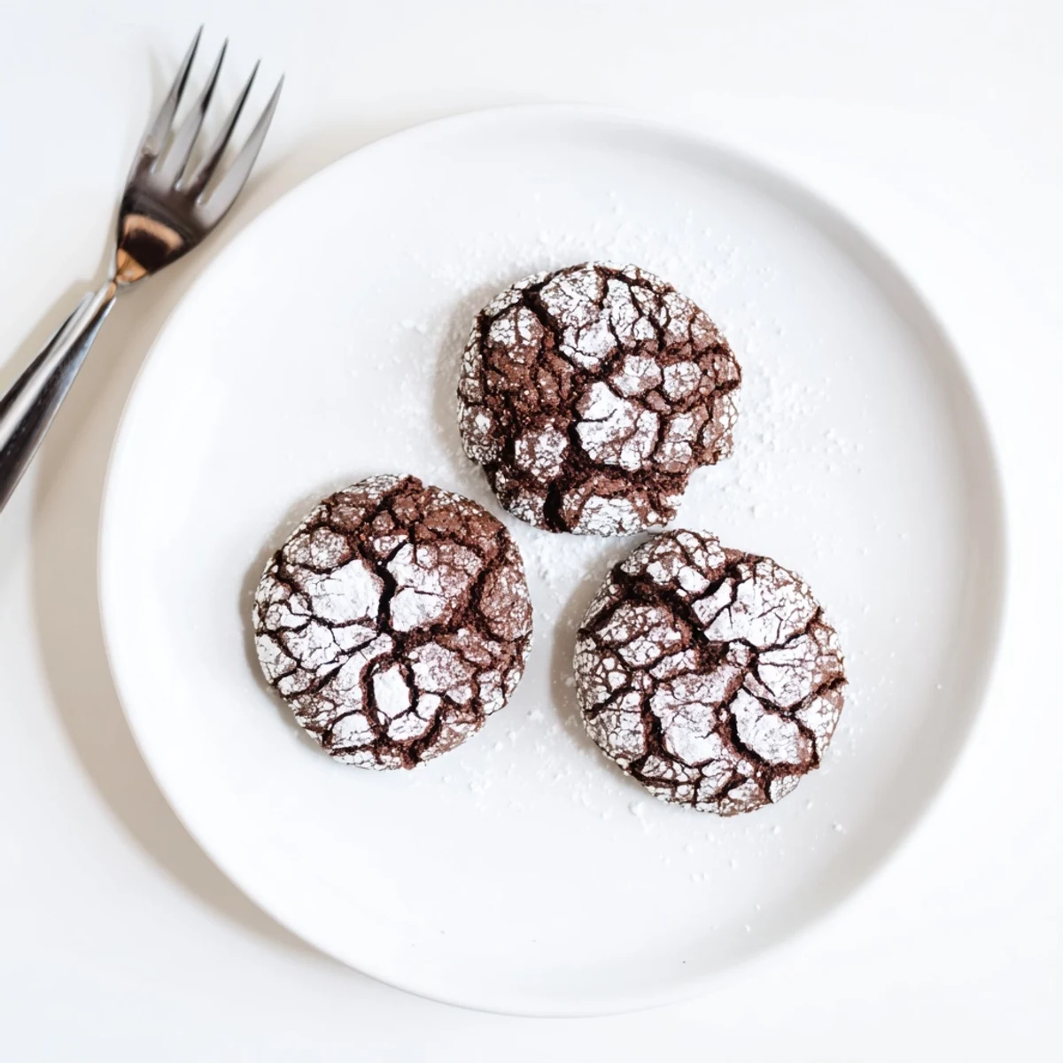 Warm, freshly baked Chocolate Crinkle Cookies, ready to be enjoyed with a glass of milk.