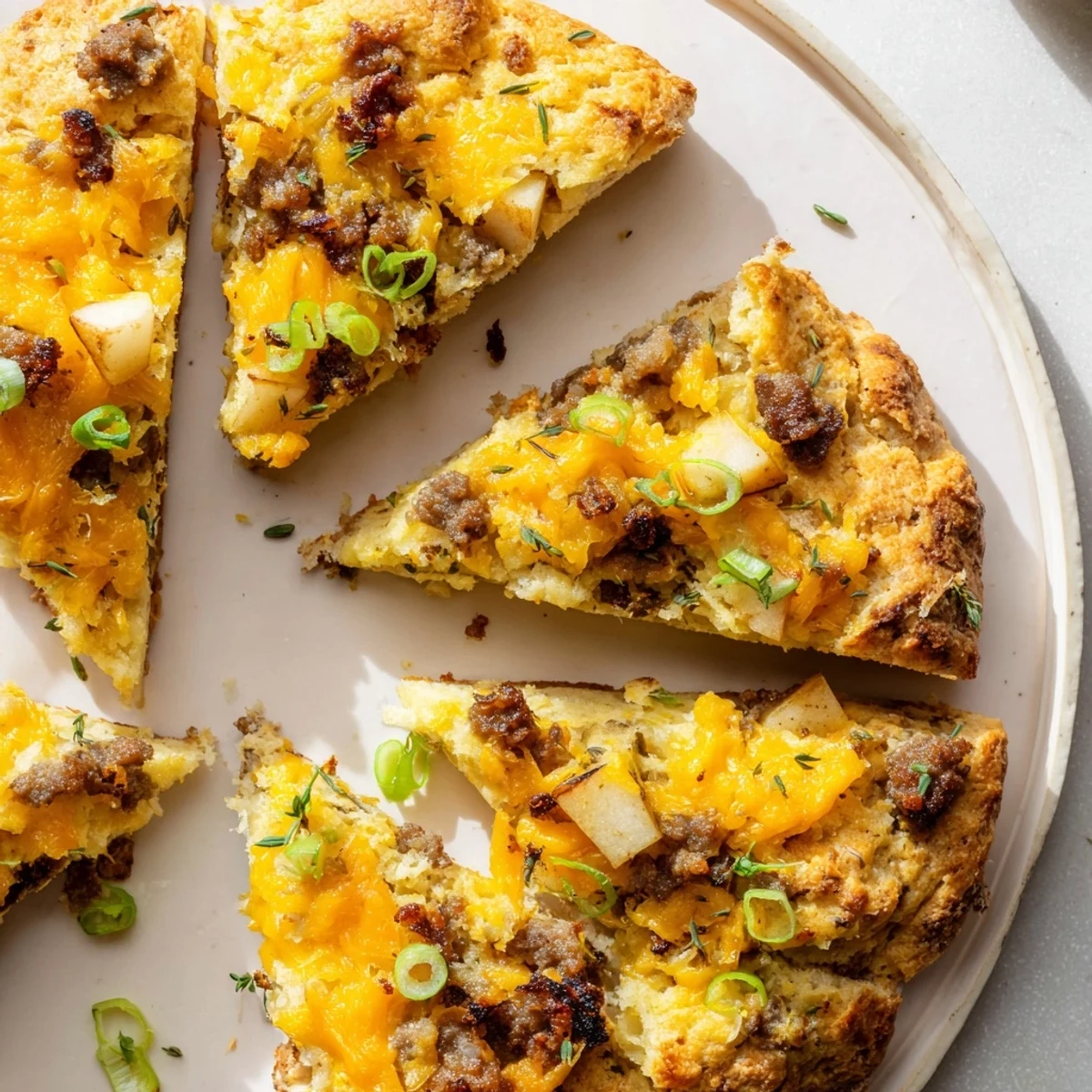 Golden-brown Savory Apple, Sausage, and Cheddar Scone Skillet, perfect for a cozy brunch.