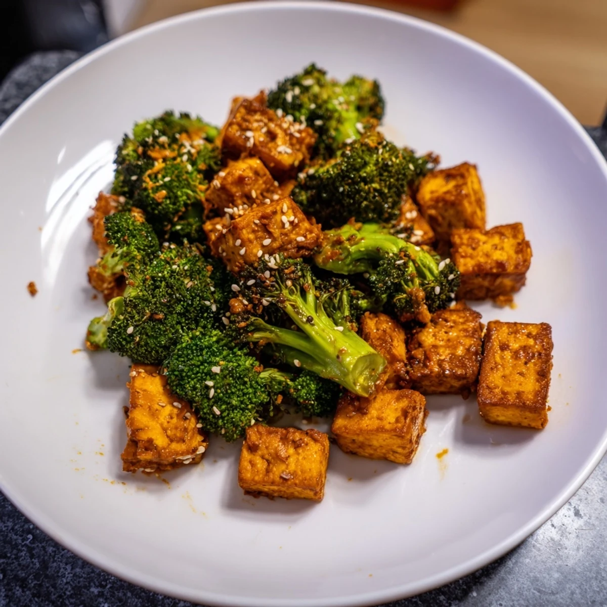 Golden baked Cheesy Baked Tofu and Broccoli, topped with sesame seeds, imagining a warm, comforting dinner.