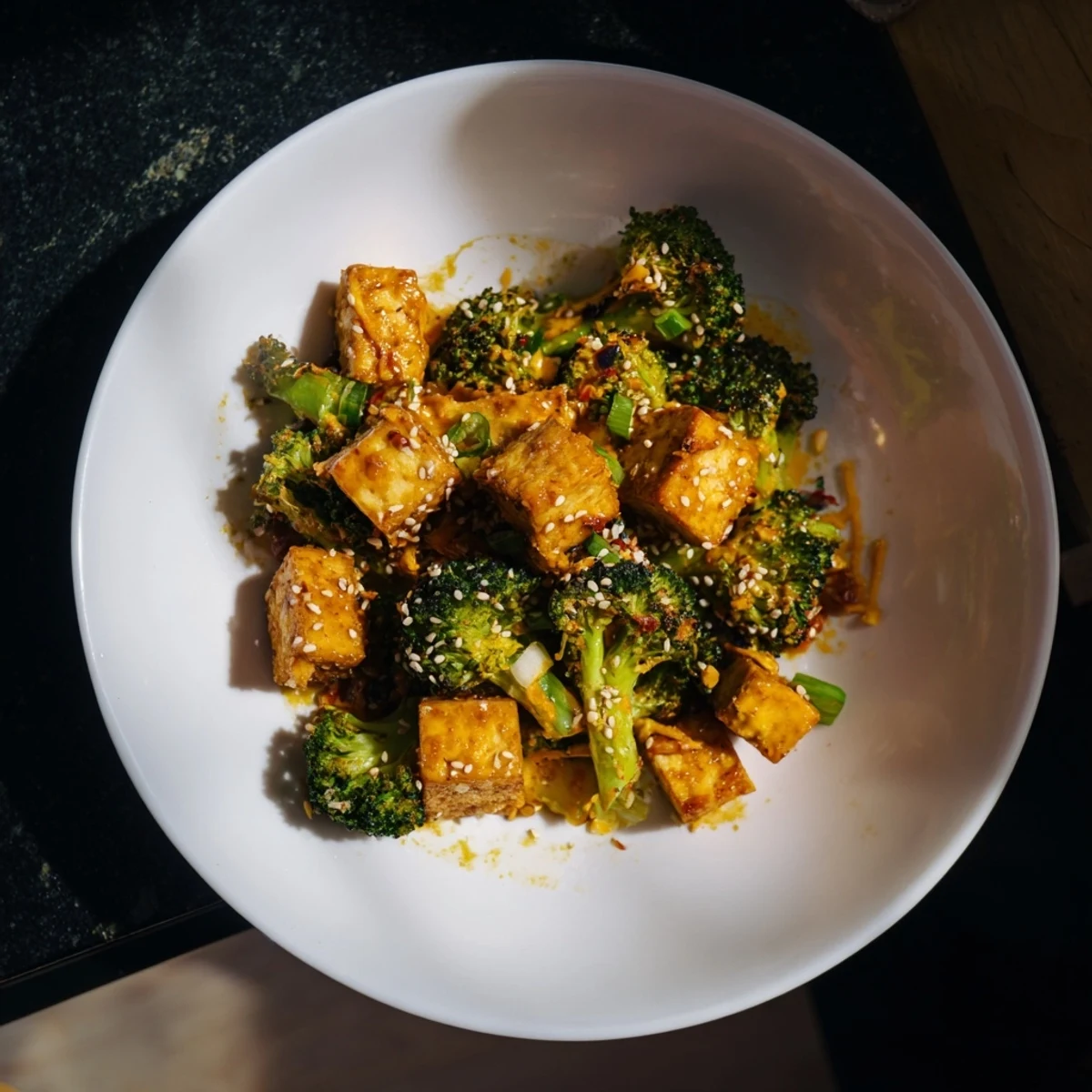 Creamy Cheesy Baked Tofu and Broccoli bursting with sesame ginger flavor, featuring roasted broccoli florets.