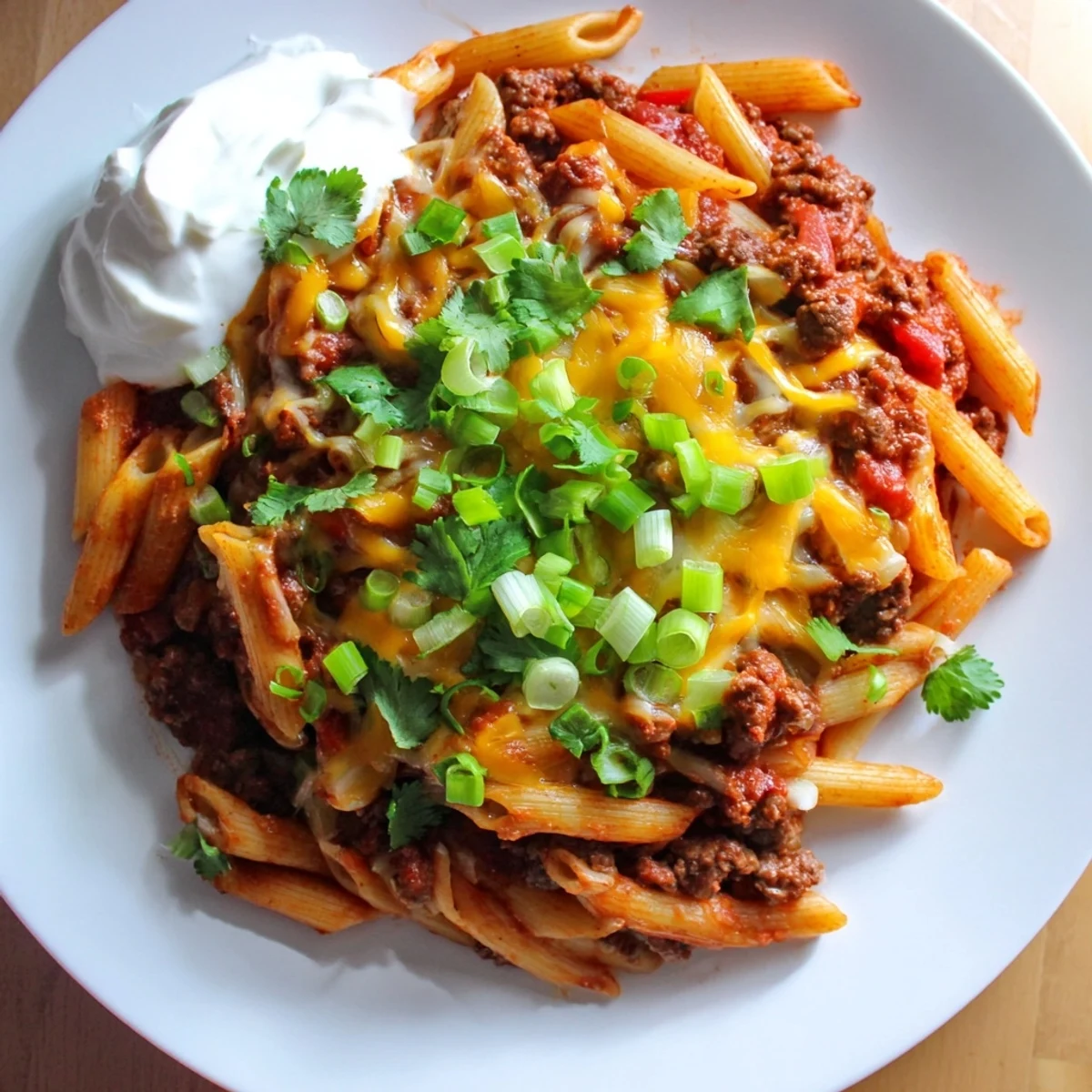 Enjoy a steaming plate of Easy Beef Enchilada Pasta, with the rich aroma of melted cheddar.