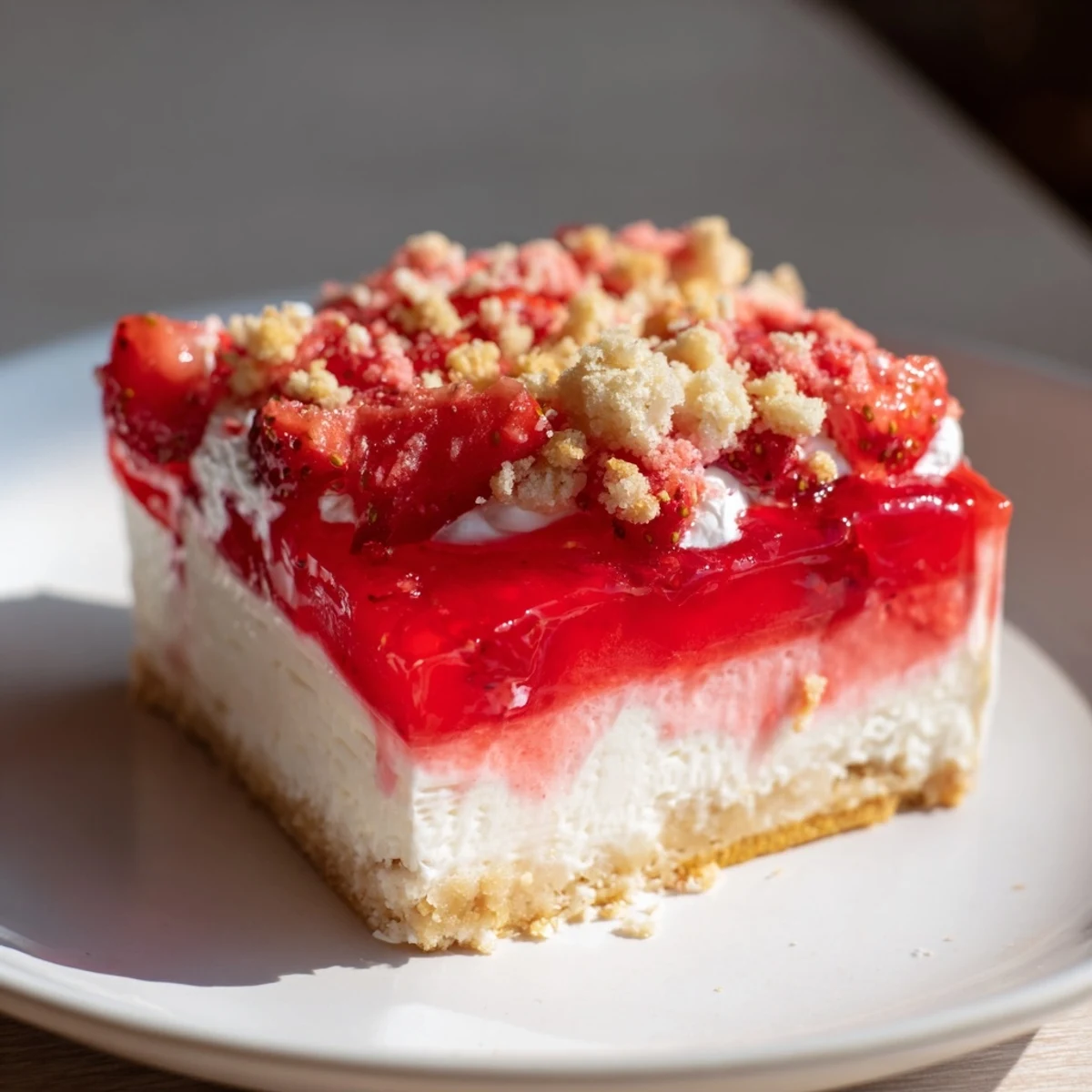 This photo shows a slice of decadent strawberry shortcake cheesecake with layers visible.