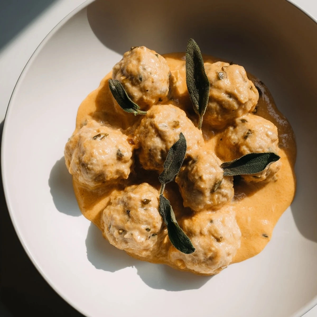 Golden brown turkey meatballs bathed in a rich, creamy pumpkin sage sauce, ready to serve.