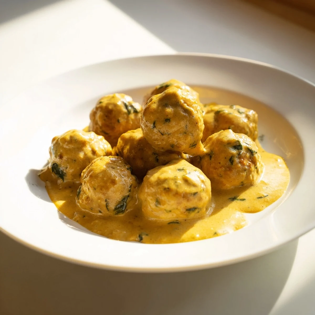 A close-up of steaming turkey meatballs in pumpkin sage sauce, perfect for a cozy autumn meal.