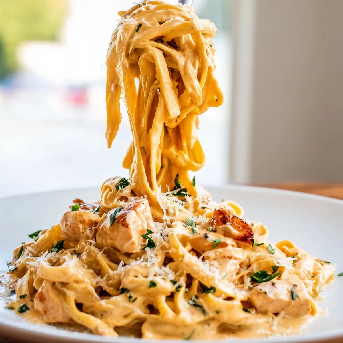 Tender Cajun chicken Alfredo fettuccine pasta, a comforting, creamy Velveeta-based dish ready to serve.