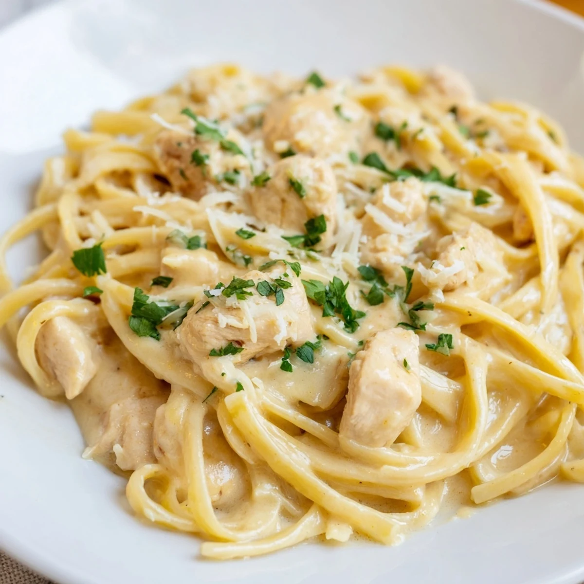 Delicious fettuccine pasta smothered in spicy, cheesy Cajun Chicken Alfredo with vibrant parsley garnish.