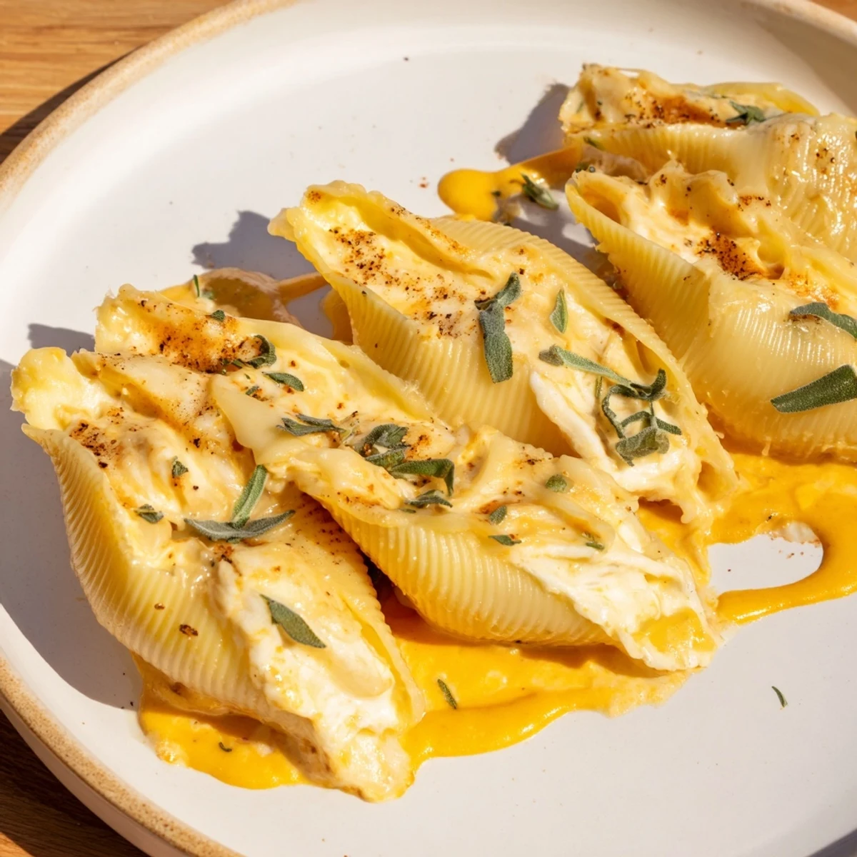 Golden-brown Pumpkin & Gouda Stuffed Shells, bubbly with creamy Alfredo sauce, perfect for a cozy fall meal.