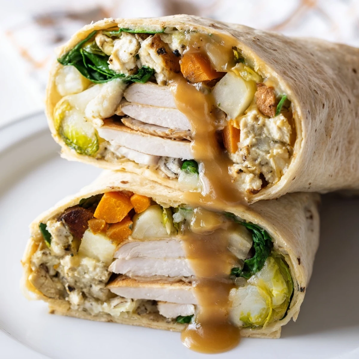 Simple Christmas Leftover Wrap Hack: A hearty wrap filled with turkey, stuffing, and veggies, ready to enjoy.