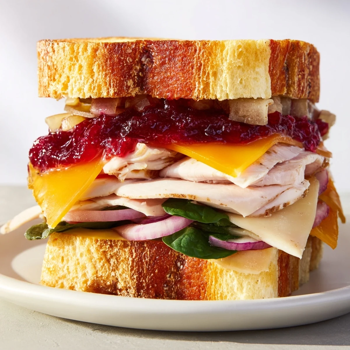 This Budget Christmas Sandwich on brioche offers a delicious taste of holiday flavors, nicely toasted.