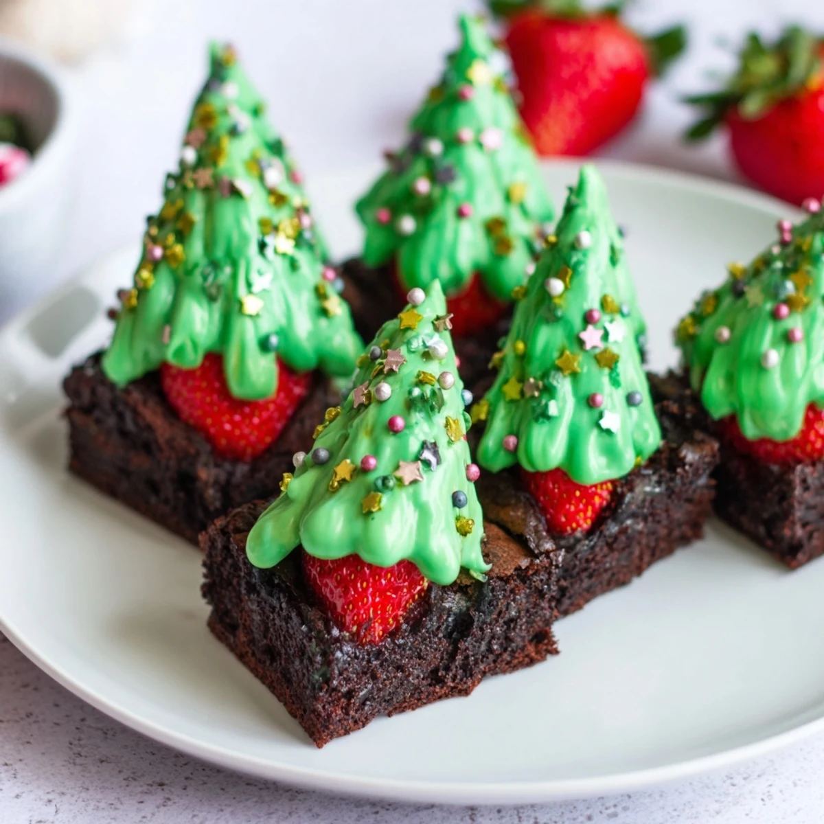 Delicious Express Christmas Tree Brownie Hats, featuring fudgy brownies topped with festive green frosting and sprinkles.