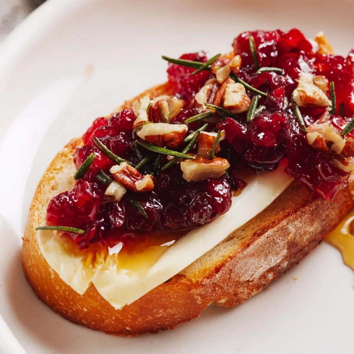 Savory and sweet: Close-up of Quick Cranberry Brie Crostini, ready for serving at a party.