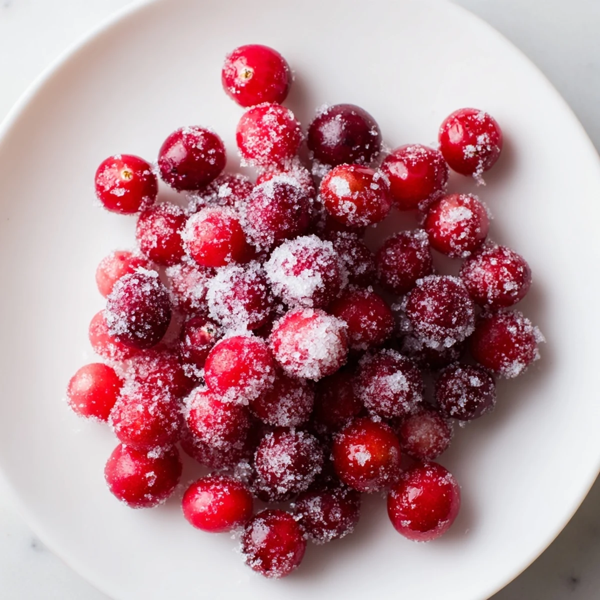 Glossy, shimmering vegan candied cranberries, the perfect sweet garnish for holiday cocktails.