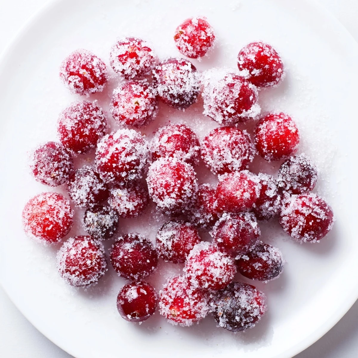 A close-up of vibrant vegan candied cranberry garnish, ready to brighten desserts and platters.
