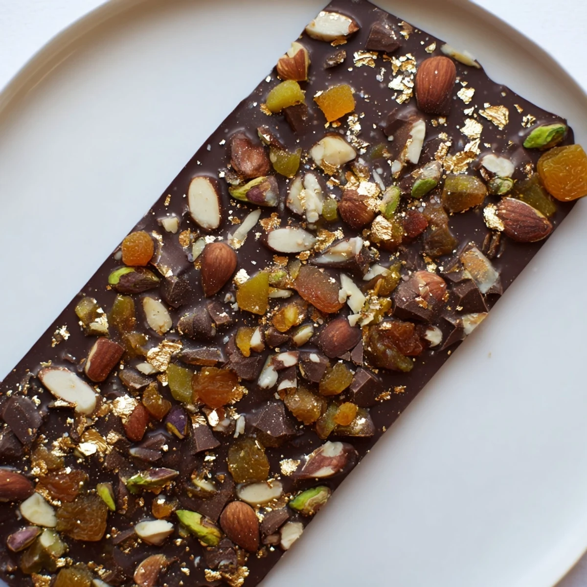 A close-up of delicious Simplified Dubai Chocolate Bark, scattered with nuts and dried fruits.
