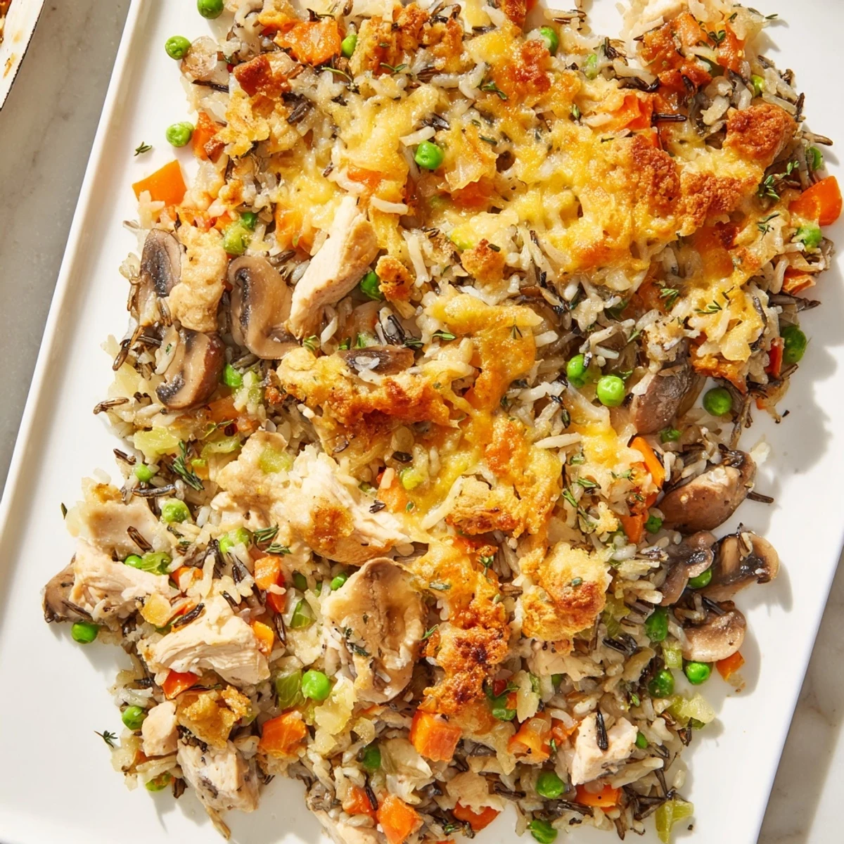 Golden, bubbly Chicken and Wild Rice Bake, oozing cheese, savory chicken with rice and veggies.