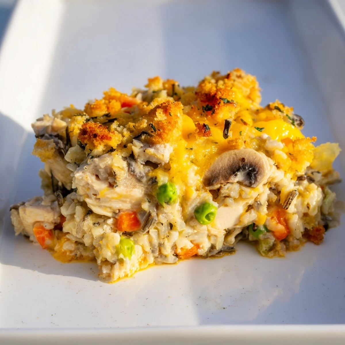A creamy, comforting Chicken and Wild Rice Bake, golden-crusted and served in a casserole dish.