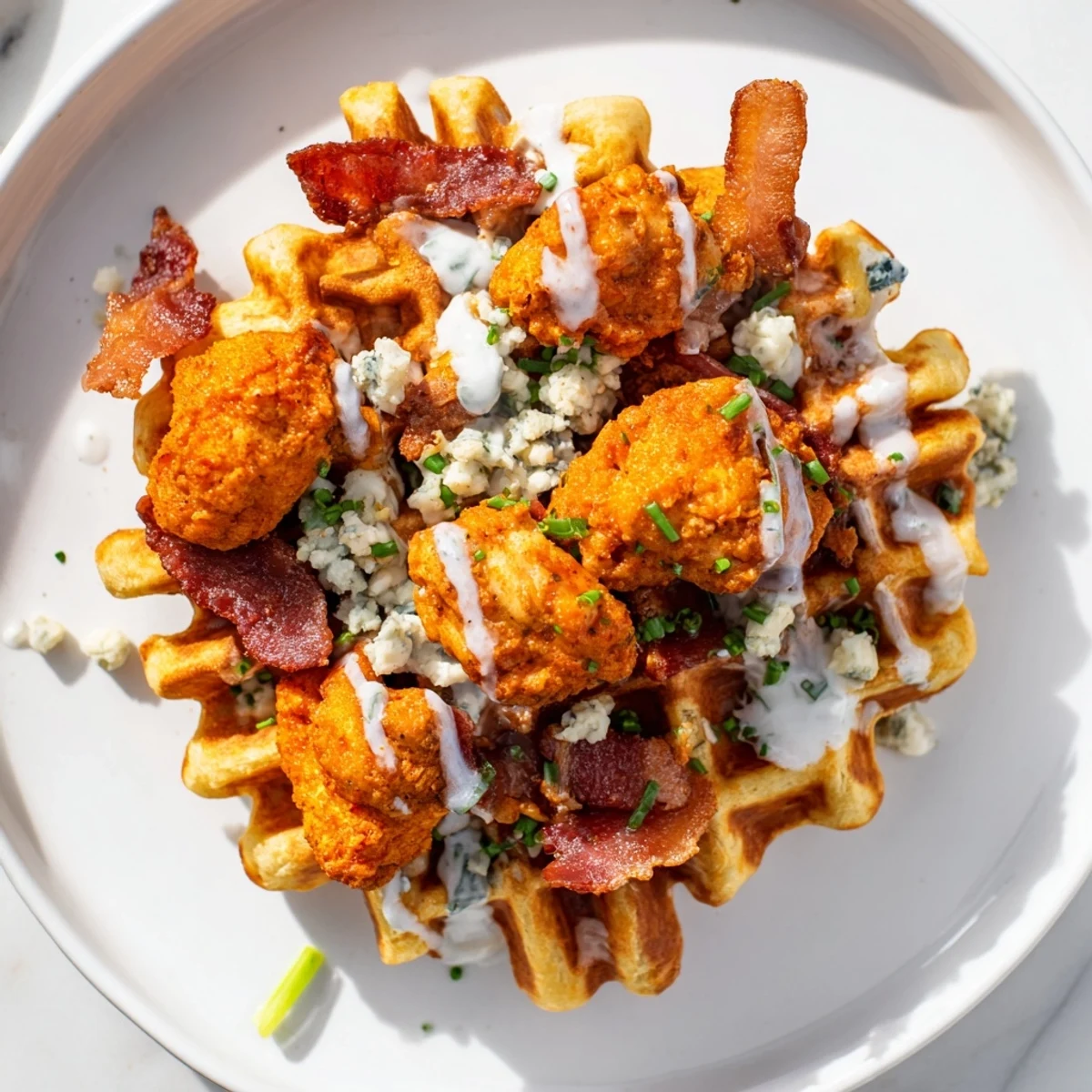 Golden brown mini waffles topped with savory Buffalo Chicken and smoky bacon for a tasty snack.