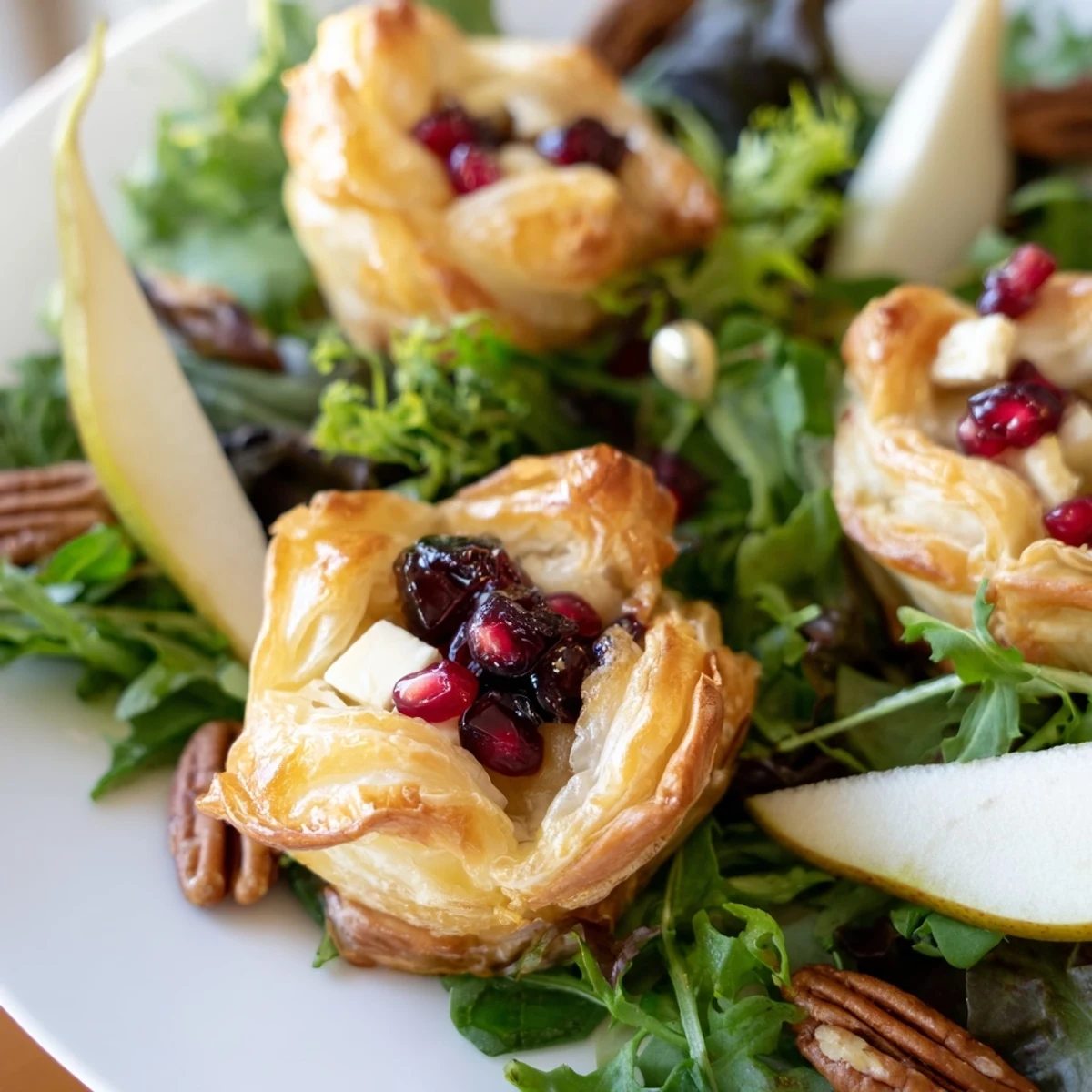 Elegant arrangement: Cranberry and brie flower bites served on a bed of fresh, dressed greens.